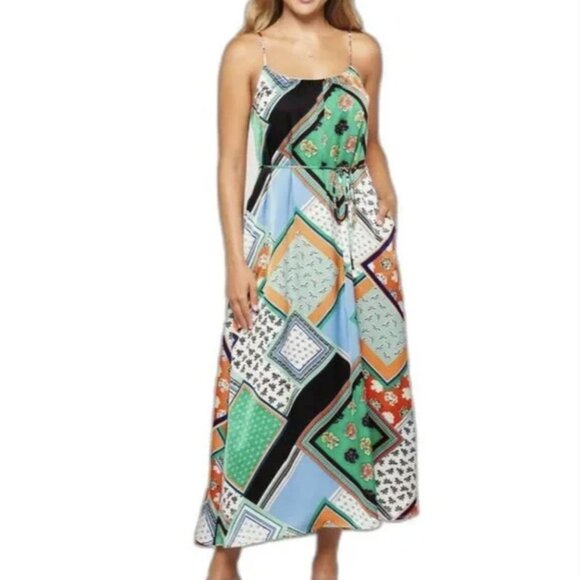 Sam Edelman Womens Tie Waist Mixed Scarf Print Satin Maxi Dress Boho Small NWT - Picture 1 of 14